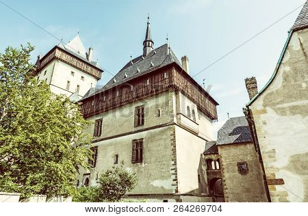 Karlstejn Is A Large Gothic Castle Founded 1348 By Charles Iv In Czech Republic. Ancient Architectur