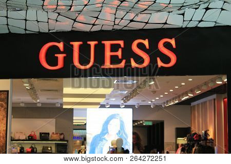 St. Petersburg, Russia - October 11, 2018: Guess Store Front At Shopping Mall. Guess Is Famous Luxur