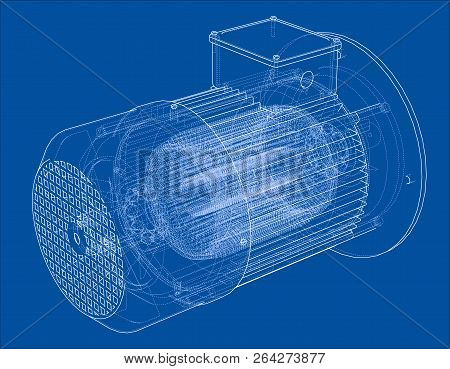 Electric Motor Sketch. Vector Rendering Of 3d. Wire-frame Style. The Layers Of Visible And Invisible