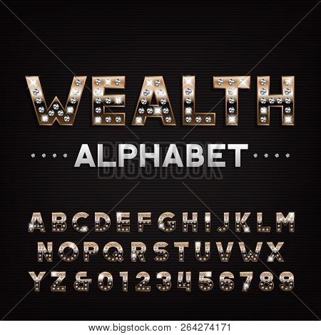 Wealth Alphabet Font. Golden Letters And Numbers With Diamonds. Stock Vector Typeface For Your Desig