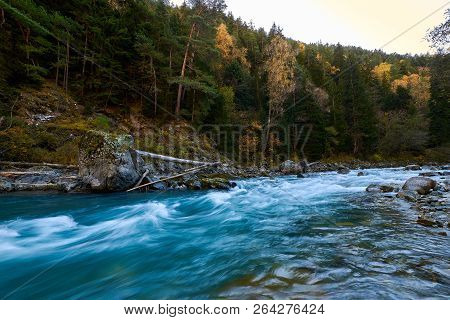 Mountain River With Rifts And Green Water. Bolshoy Zelenchuk River.