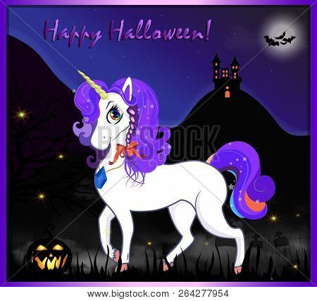 Happy Halloween Cartoon Greeting Card Of Cute Magical Unicorn With Purple Hair On Night Full Moon Sp