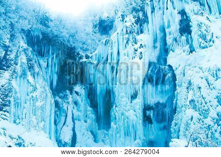 Croatia, Plitivice, Frozen Waterfalls In Popular Nature Park Plitvicka Jezera