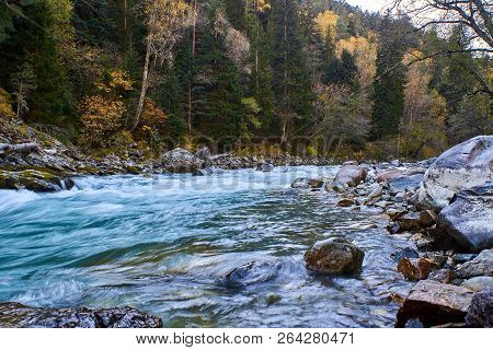 Autumn Mountain River With Rifts And Green Water. Bolshoy Zelenchuk River. Russia.