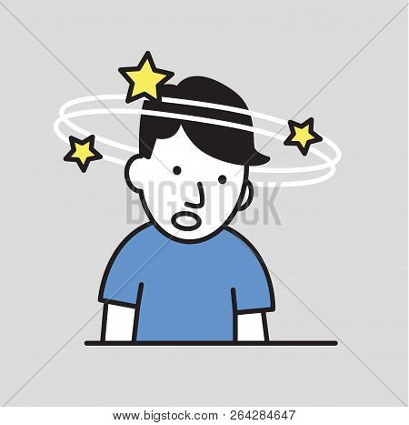 Confused Boy Seeing Spinning Stars. Loss Of Consciousness Flat Design Icon. Flat Vector Illustration