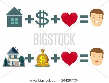 Love, Home And Money Concept - Equal Happiness. Stock Flat Vector Illustration.