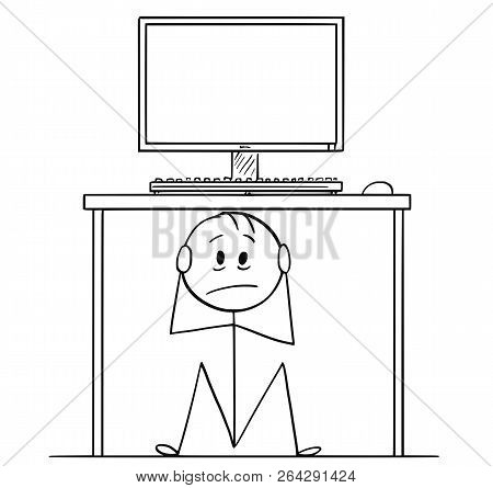 Cartoon Stick Drawing Conceptual Illustration Of Stressed Man Or Businessman Sitting Hidden Under Of