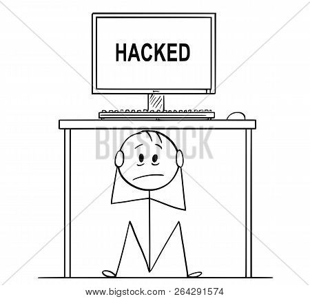 Cartoon Stick Drawing Conceptual Illustration Of Stressed Man Or Businessman Sitting Hidden Under Of