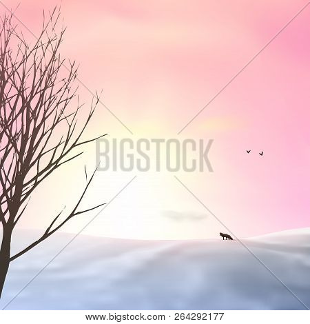 Snow Field, Sunset, Sunrise, A Fox, A Tree, Birds. Pink Sky, Silhouettes. Vector Illustration.