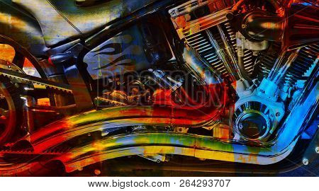Close Up Of A Motorbike Motor With Chrome And Flames