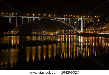 Night Arrabida Bridge In Porto Portugal Photography Lights Water Reflection In The Douro River