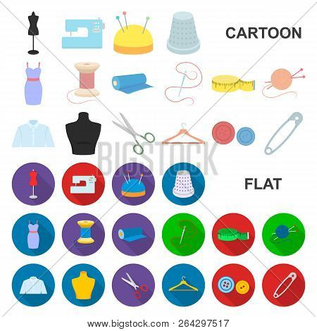 Atelier And Sewing Cartoon Icons In Set Collection For Design. Equipment And Tools For Sewing Vector