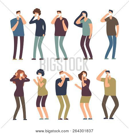 People In Dust Mask Set Vector Illustration. People In Mask, Character Girl And Boy