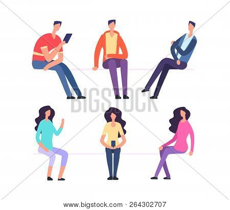 People Sitting. Girl And Boy Sit On Chairs. Cartoon Vector Characters Set. Woman And Man Sit And Wai