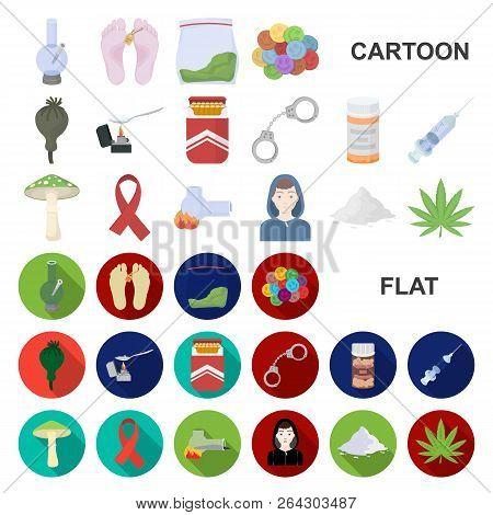 Drug Addiction And Attributes Cartoon Icons In Set Collection For Design. Addict And Drug Vector Sym
