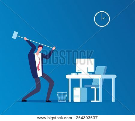 Man Crashes Computer. Frustrated Angry User With Hammer Crashing Workplace In Office. Program Proble