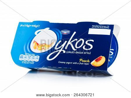 London, Uk - October 20, 2018: Pack Of Oykos Luxury Greek Style Creamy Yogurt With Fruit Layer On Wh
