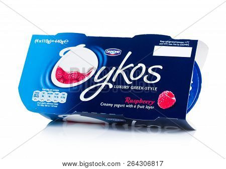 London, Uk - October 20, 2018: Pack Of Oykos Luxury Greek Style Creamy Yogurt With Fruit Layer On Wh