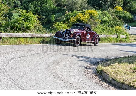 Pesaro Colle San Bartolo , Italy - May 17 - 2018 : Alfa Romeo 6c 2300 Pescara Spider 1935 On An Old 