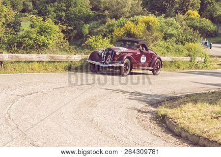 Pesaro Colle San Bartolo , Italy - May 17 - 2018 : Alfa Romeo 6c 2300 Pescara Spider 1935 On An Old 