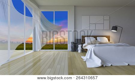 3Ds Rendering Of  Modern Bedroom In Sunset Time