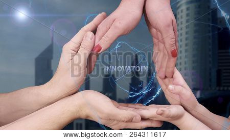 Mens, Womens And Childrens Hands Show A Hologram Innovation