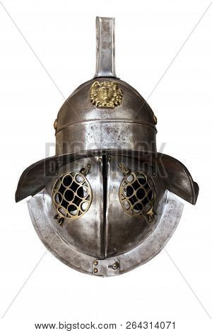 Murmillo Helmet. Ancient Roman Gladiator Reconstruction. Isolated Over White Background