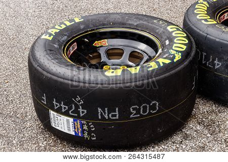 Indianapolis - Circa September 2018: Sets Of Goodyear Eagle Nascar Racing Tires Ii