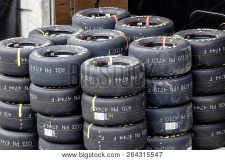 Indianapolis - Circa September 2018: Sets Of Goodyear Eagle Nascar Racing Tires Iii