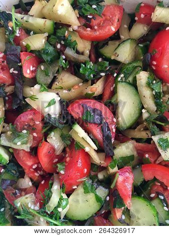 Natural Background With Fresh Vegetables Salad Closeup
