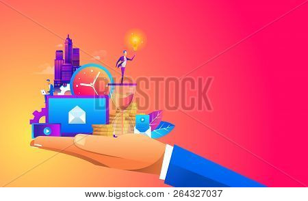 Hand Holding A Business , Digtal Object And With A Contemporary Smart City And Apps Icons. Augmented
