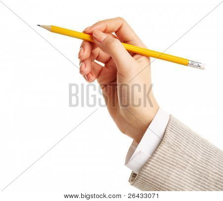 Image de femme main tenir le crayon sur fond blanc