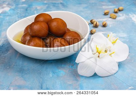 Gulab Jamun - Indian Sweet Dish For Diwali Holiday. Copy Space