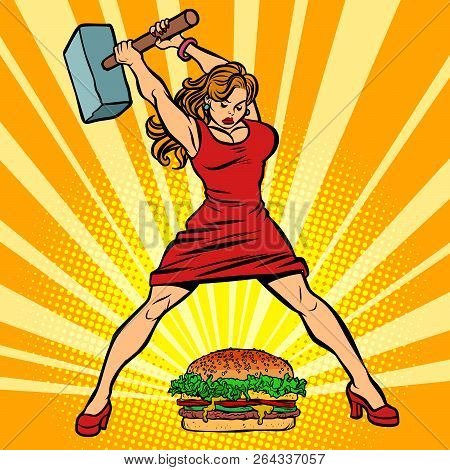 Woman Destroys Fast Food Burger. Comic Cartoon Pop Art Retro Vector Illustration Drawing