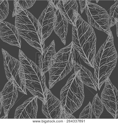 Gray Leaves On White Background Seamless Pattern Vector Illustration