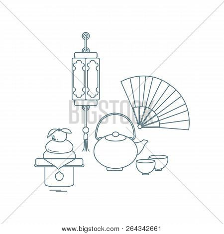 Eastern New Year Symbols. Chinese Lantern, Kettle With Two Cups, Fan, Kagami Mochi. Festive Traditio