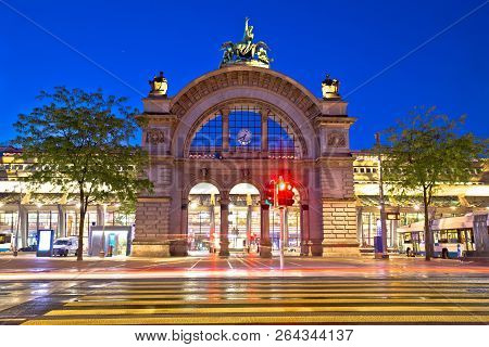 Town Of Lucerne Old Train Station Arch Evening View, Landmarks Of Switzerland