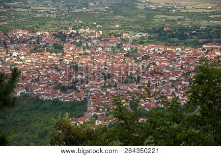 Red Roofs Of Litochoro Town Greece Green Fields Summer Landscape Background Backdrop