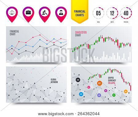 Financial Planning Charts. Scales Of Justice Icon. Client Or Lawyer Symbol. Auction Hammer Sign. Law
