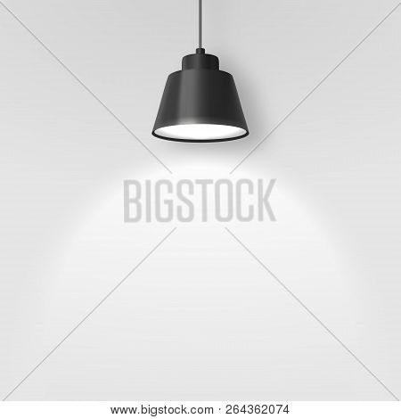 Vector Realistic 3d Black Spotlight, Hang Ceiling Lamp Or Chandelier On Rope Illuminating The Wall C