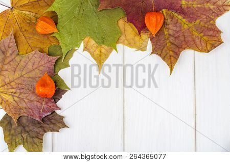 Outumnal Background, Texture, Frame With Leaves On Wooden