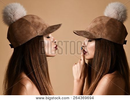 Woman In Winter Hat Cap Double Composition With Quite Tss Sign On Warm Background