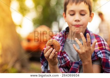 Boy Eating Apple Donut On The Farm. The Child Holds Cider Donut And Licks Fingers. Selective Focus. 
