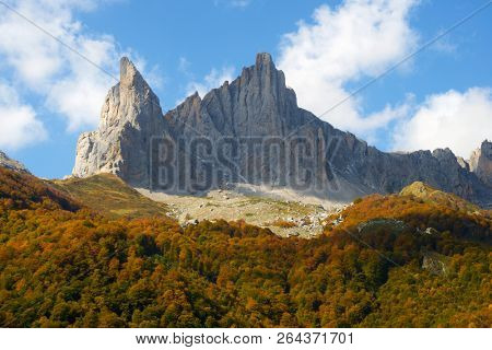 Peaks in Lescun Cirque. On the left Petite Aiguille Ansabere and to the right Grand Aiguille Ansabere. Aspe Valley, Pyrenees, France.