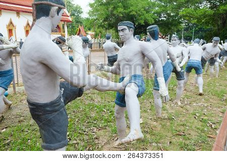 Samut Songkhram, Thailand - Oct 5, 2018 : Muay Thai Statue At Wat Bang Kung Temple, Samut Songkhram,