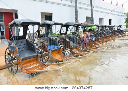 Kanchanaburi - Thailand - Oct 5, 2018: Row Of Rickshaw In Mallika City,