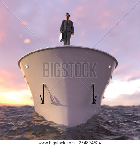 successful businessman standing on the prow of the ship, 3d illustration