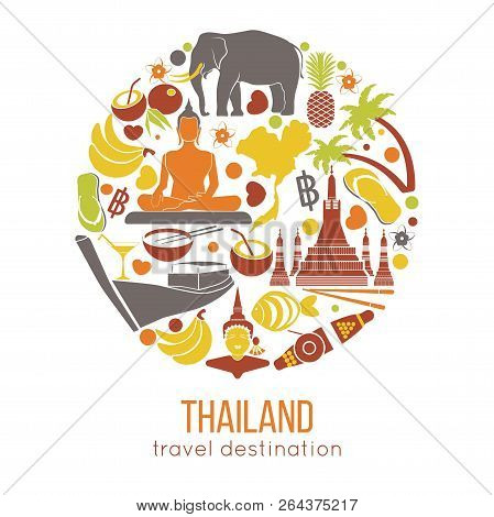 Set Of Thailand Travel Symbols And Bangkok Landmarks.