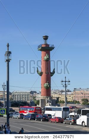 St. Petersburg, Russia - August 08, 2018: Rostral Column In The Center Of St. Petersburg