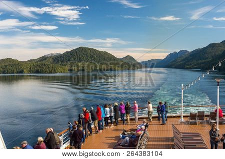 Principe Channel, Bc, Canada - September 13, 2018: Cruise Ship Passengers Viewing Beautiful Scenery 